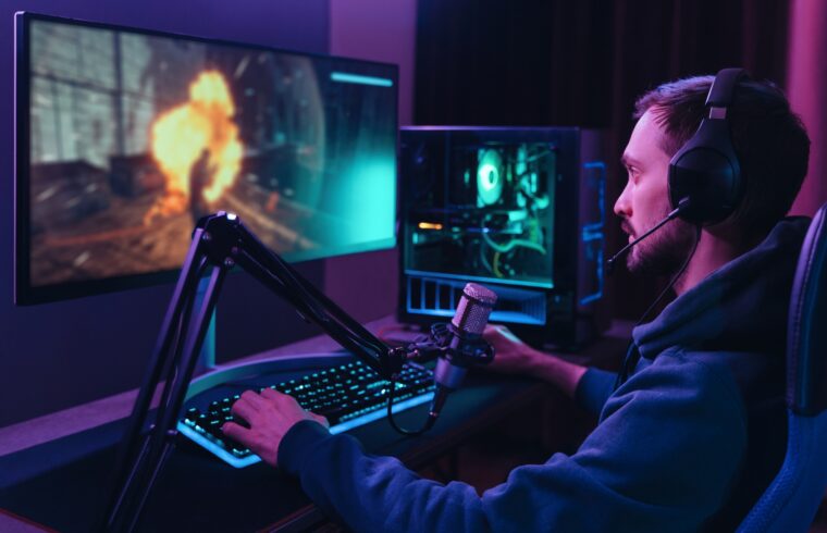 Young pro cyber streamer playing online video games