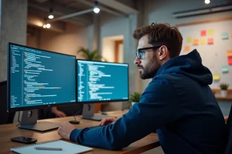 Développeur SaaS roumain travaillant sur plusieurs écrans avec architecture logicielle en open space moderne