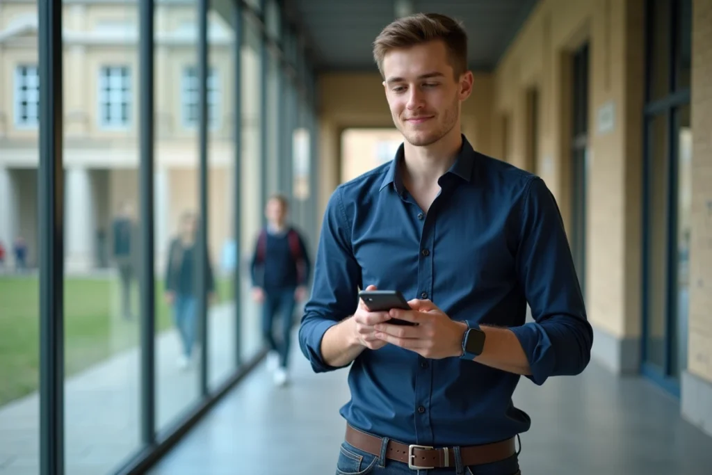 Nouvel inscrit de Lyon 3 accédant à l'intranet universitaire depuis son smartphone dans un couloir du campus
