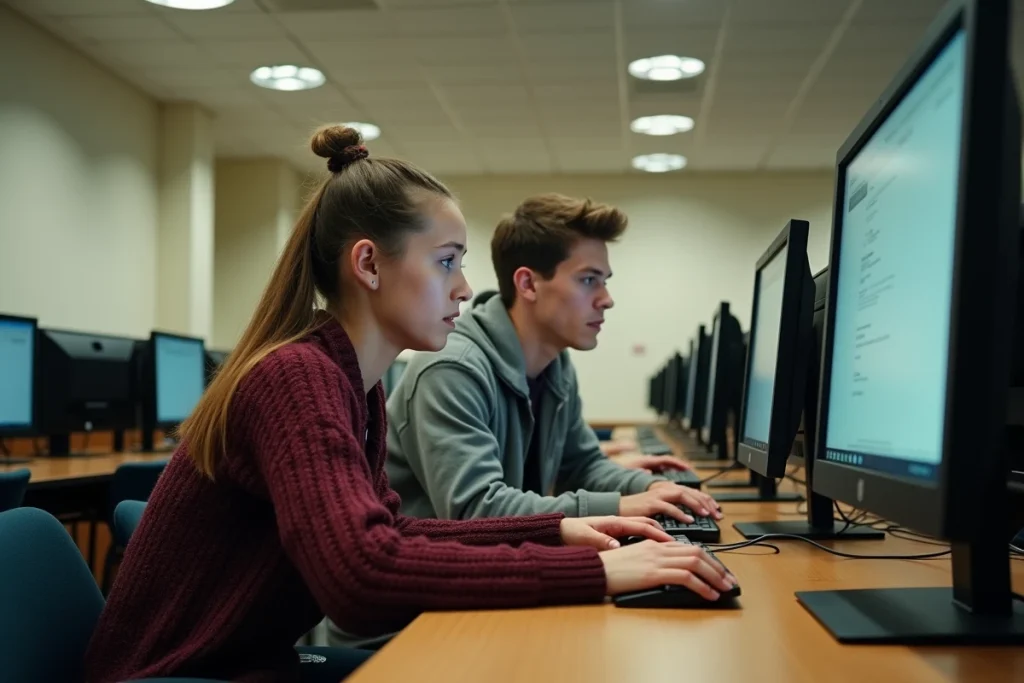 Deux nouveaux étudiants de l'Université Lyon 3 configurant leur accès à l'intranet dans une salle informatique universitaire