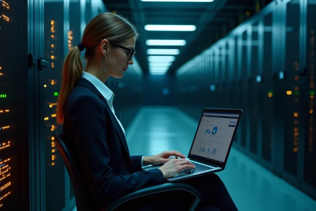 Ingénieure DevOps supervisant le déploiement en production d'une solution SaaS dans une salle de serveurs