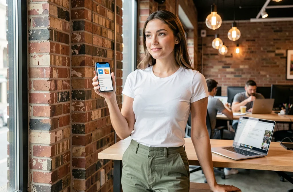 Jeune professionnelle accédant à ses fichiers cloud sur smartphone dans un espace de coworking moderne