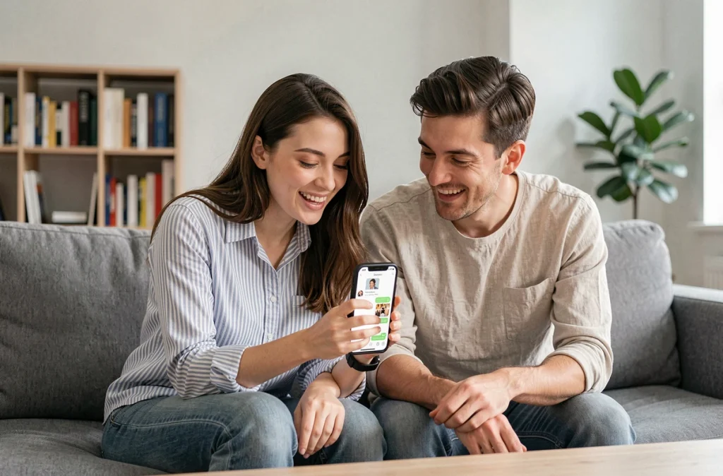 Deux amis sur un canapé regardant ensemble des GIF échangés par SMS sur un smartphone