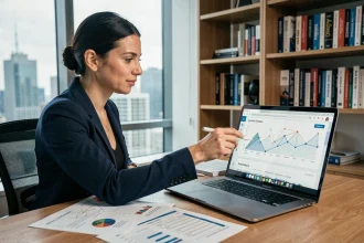 Professionnelle du SEO analysant un tableau de bord d'autorité de domaine et de backlinks sur un ordinateur portable dans un bureau moderne