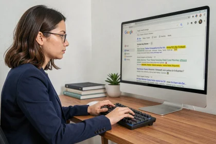 Femme professionnelle analysant des balises meta description sur un écran d'ordinateur dans un bureau moderne