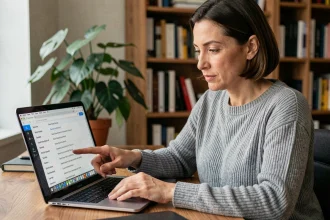 Femme analysant des mots-clés longue traîne sur un ordinateur portable dans un bureau à domicile