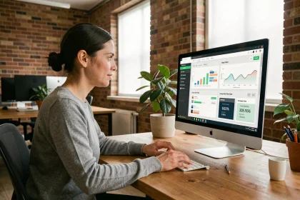 Femme analyste SEO examinant des données d'optimisation d'images sur un écran d'ordinateur dans un bureau moderne