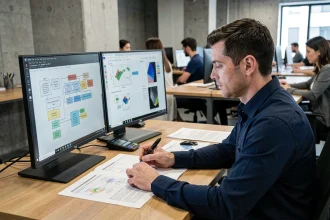 Analyste SIG documentant un modèle conceptuel de données sur un poste de travail avec deux écrans affichant des schémas de base de données spatiale