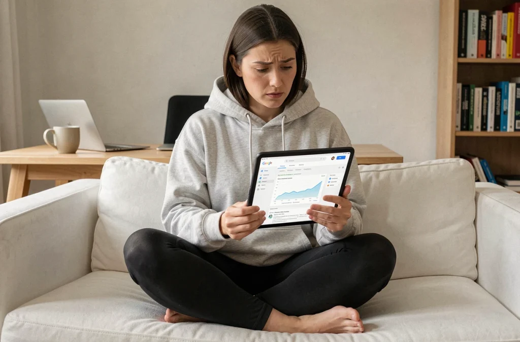 Analyste UX examinant des erreurs d'exploration sur Google Search Console depuis son bureau à domicile, représentant les obstacles techniques au référencement d'un site e-commerce