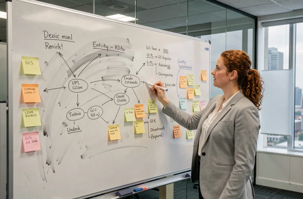 Architecte de données debout devant un tableau blanc avec des diagrammes entité-relation pour documenter un SIG MCD dans une salle de réunion moderne