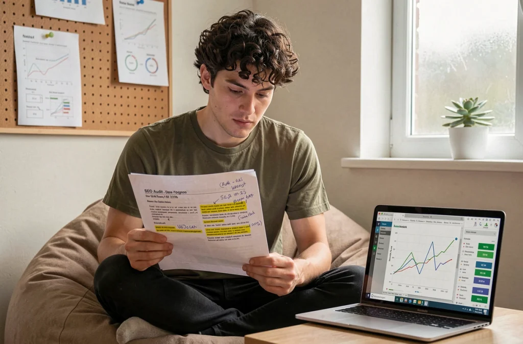 Jeune développeur web étudiant un rapport d'audit SEO avec profil de backlinks et scores d'autorité de domaine dans un bureau à domicile