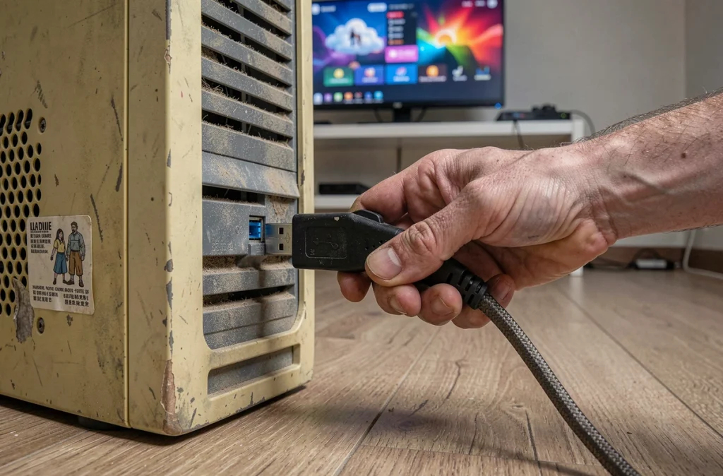 Gros plan sur une manette branchée sur un ancien PC tour pour jouer en cloud gaming