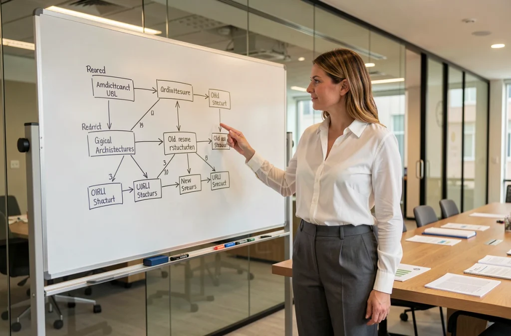 Chef de projet numérique présentant une architecture de redirections 301 sur un tableau blanc lors d'une refonte de site web