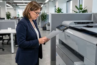 Femme professionnelle examinant un document imprimé à côté d'une imprimante de bureau dans un espace de travail moderne