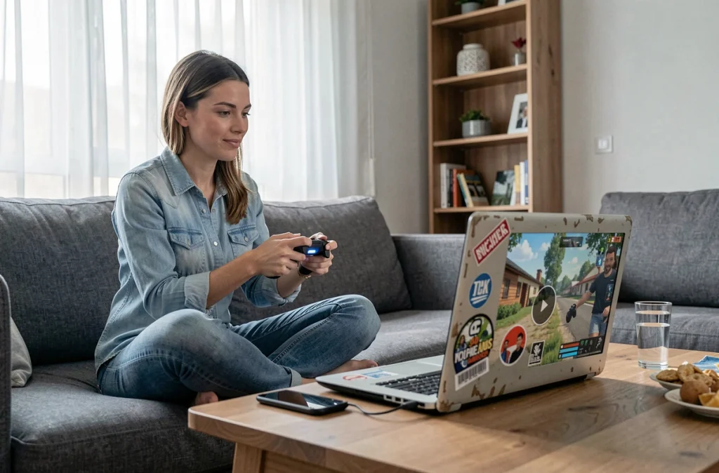 Femme jouant en cloud gaming sur un vieux laptop depuis son salon avec une manette de jeu