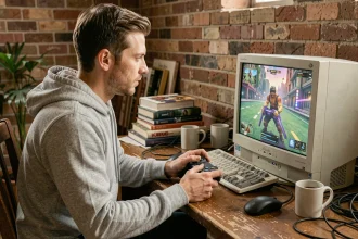 Homme jouant en cloud gaming sur un vieux PC de bureau avec une manette sans fil dans un bureau à domicile