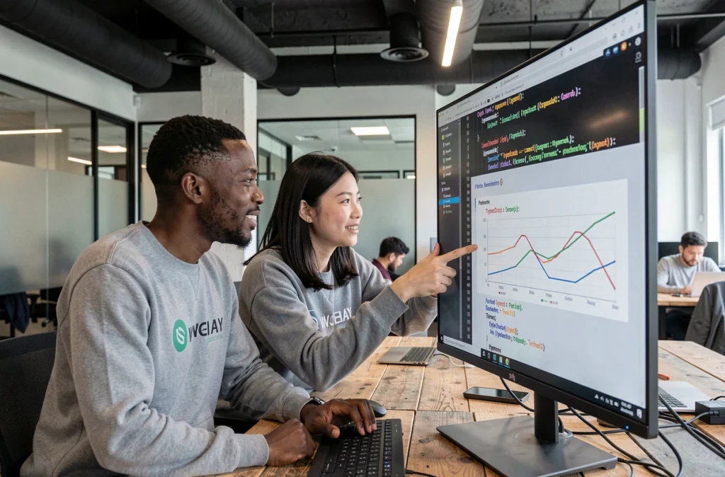 Deux développeurs collaborant sur un script Python de benchmarking de dictionnaires dans un espace de coworking moderne