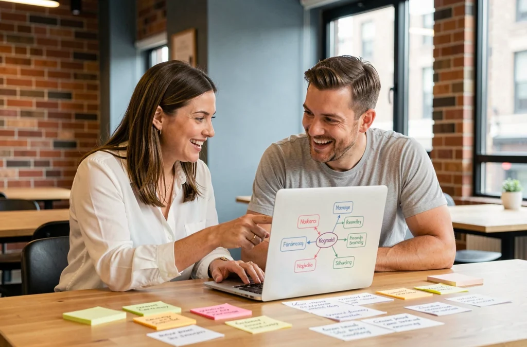 Deux collègues collaborant sur une stratégie de référencement avec des mots-clés longue traîne dans un espace de coworking