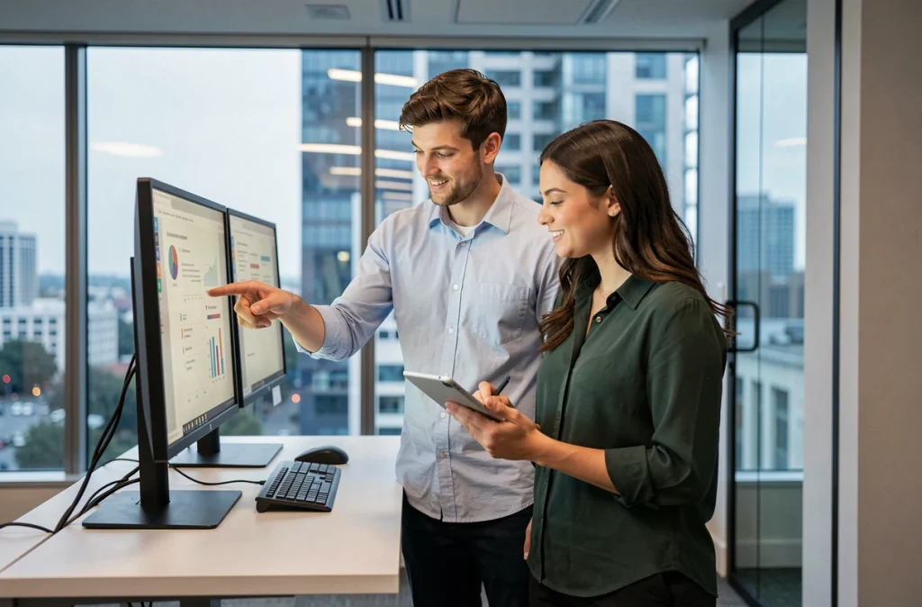 Deux collègues collaborant sur un poste de travail à double écran dans un bureau d'entreprise contemporain
