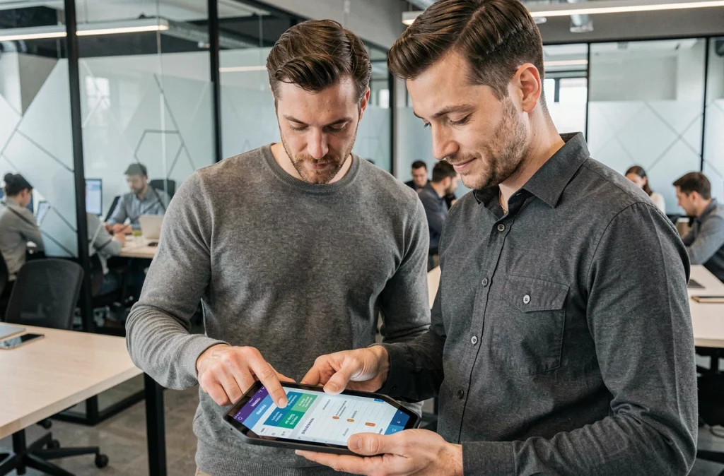 Deux collègues consultant un planning d'équipe partagé sur tablette dans un espace de coworking