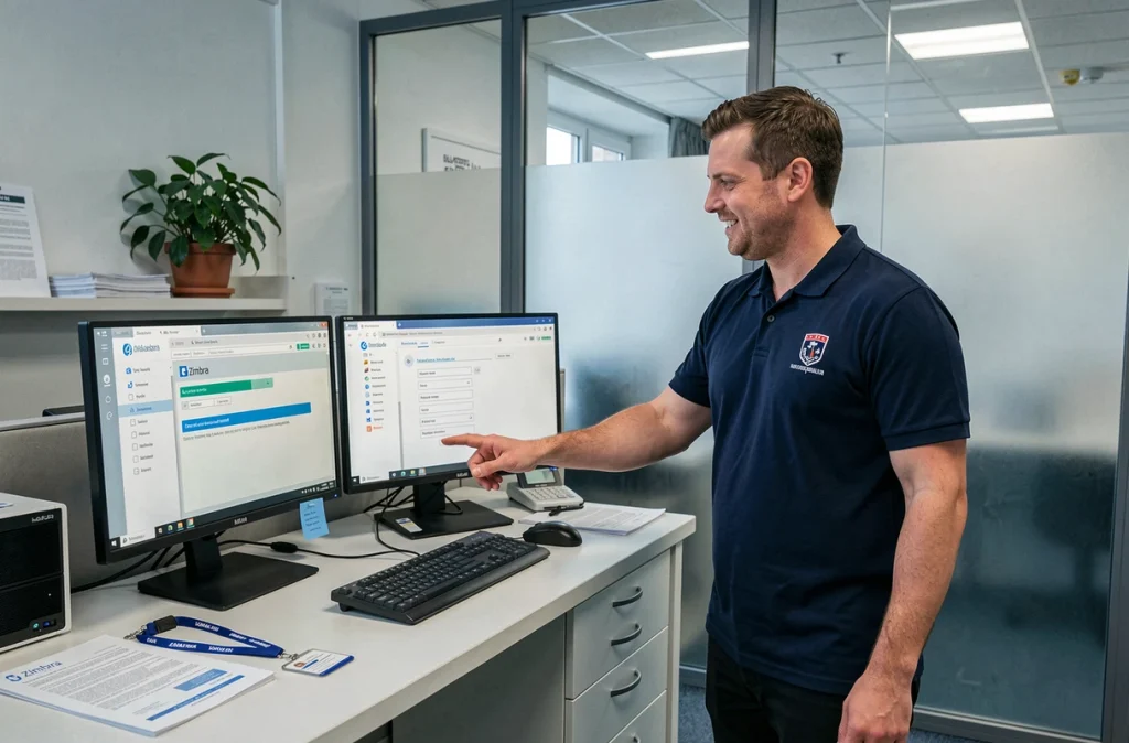 Technicien informatique configurant un compte Zimbra Lille sur un poste de travail dans un bureau d'assistance universitaire