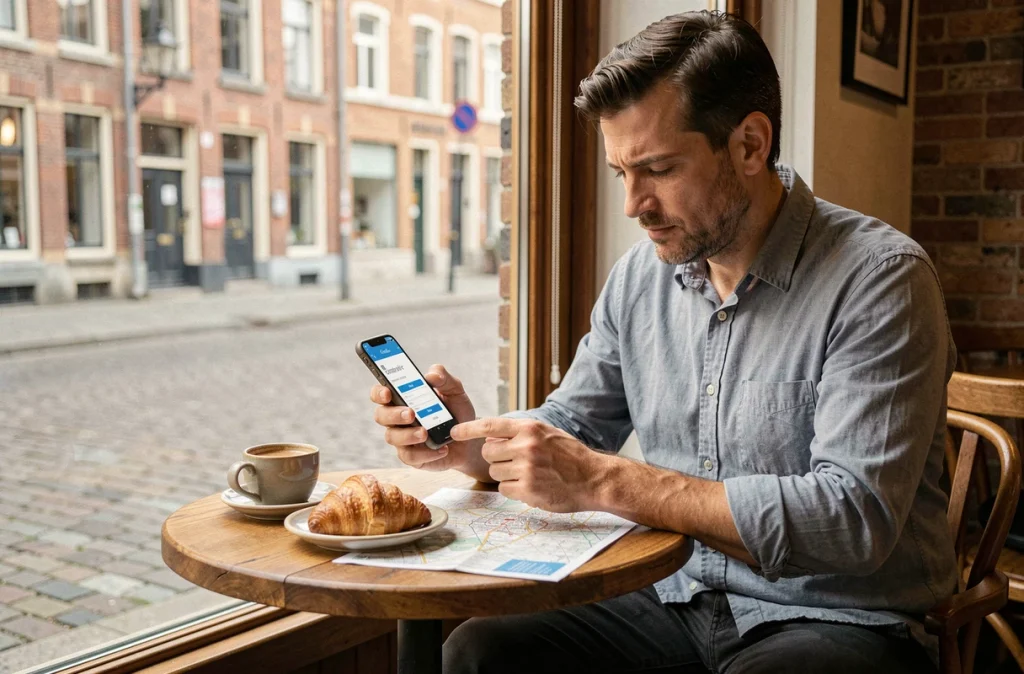 Homme se connectant pour la première fois à Zimbra Lille depuis son smartphone dans un café du centre-ville