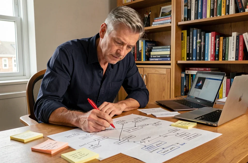 Consultant SEO annotant un plan de sitemap XML imprimé avec des diagrammes hiérarchiques sur un bureau