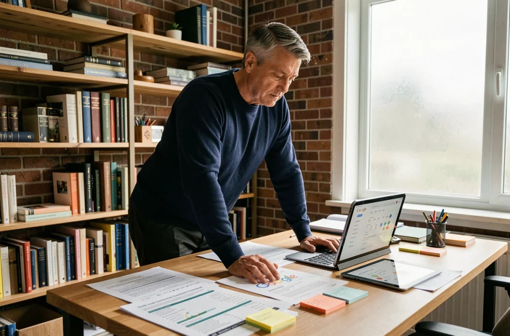 Consultant SEO travaillant sur des documents de stratégie de maillage interne pour améliorer le référencement Google