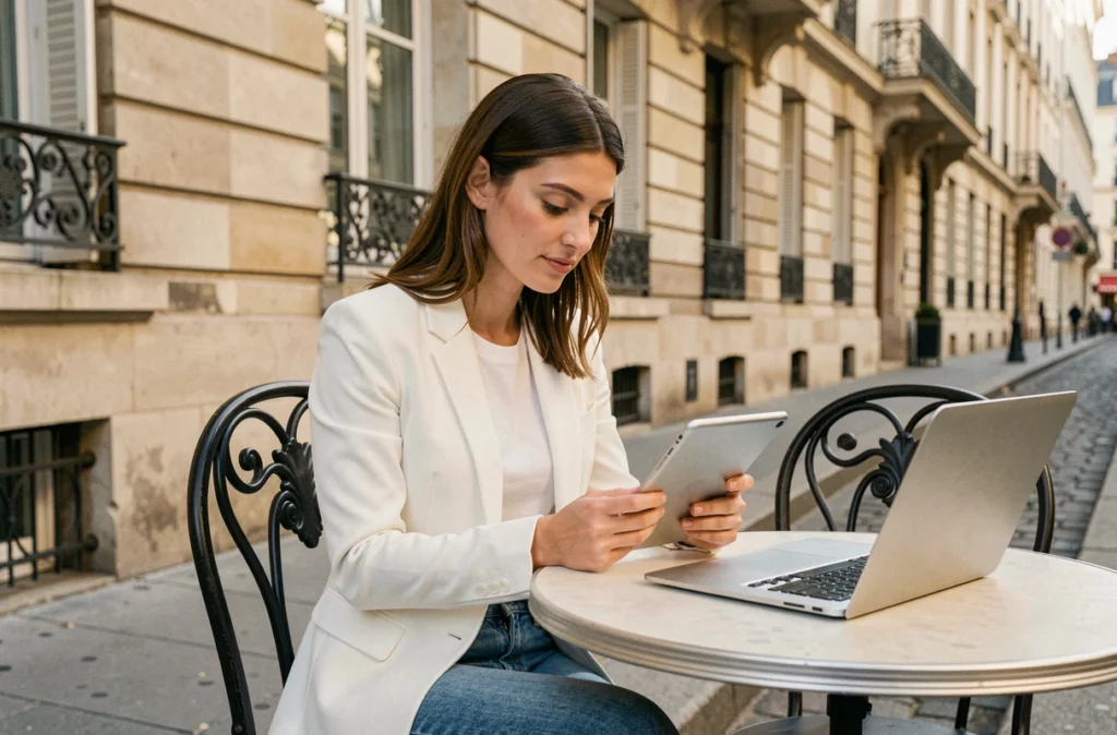Jeune professionnelle consultant ses emails professionnels sur tablette dans un café en terrasse à Versailles