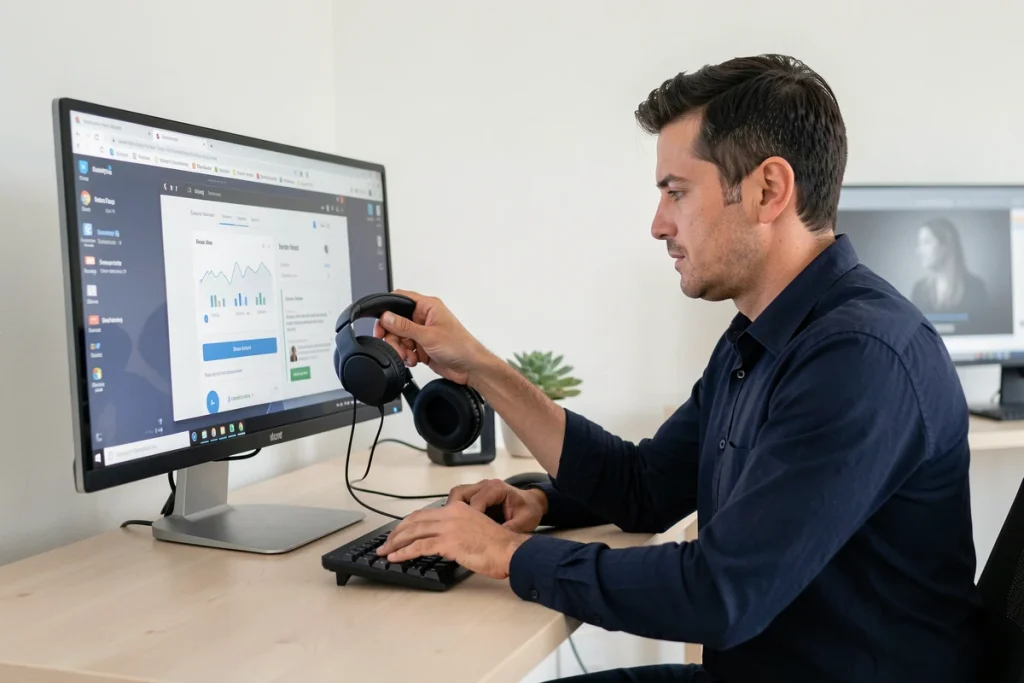 Homme utilisant un outil en ligne pour convertir YouTube en WAV sur un ordinateur de bureau avec un casque audio