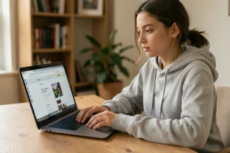 Jeune femme convertissant une vidéo YouTube en fichier WAV depuis son ordinateur portable à domicile