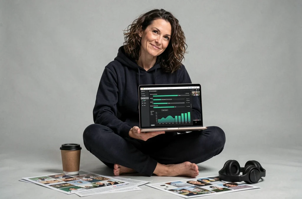 Créatrice indépendante analysant les économies de postproduction sur un tableau de bord vidéo