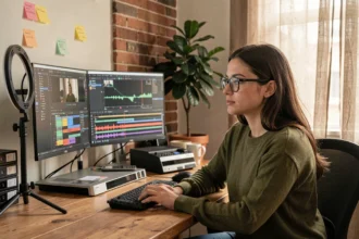 Créatrice de contenu solo travaillant sur un logiciel de montage vidéo dans un studio à domicile