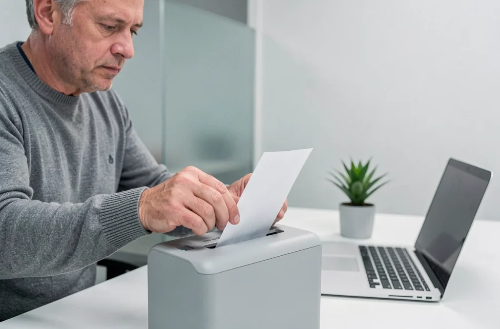 Homme utilisant une déchiqueteuse pour détruire des documents sensibles dans un bureau professionnel
