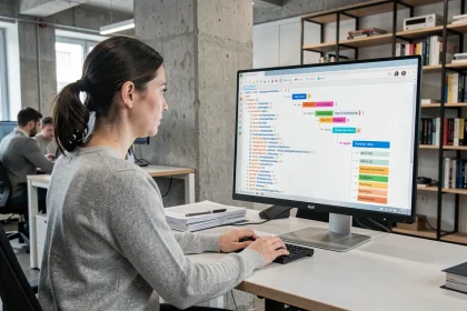 Développeuse web analysant la structure d'un sitemap XML sur un grand écran dans un bureau moderne