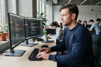 Développeur web analysant des erreurs de code sur deux écrans dans un bureau moderne, illustrant les problèmes techniques de référencement e-commerce