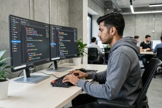 Développeur Python concentré travaillant sur des dictionnaires modernes dans un IDE sombre avec double écran en bureau open-space