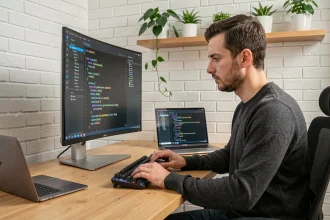 Développeur Python concentré qui écrit un module réutilisable dans un IDE moderne sur un bureau home office
