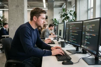 Développeur web configurant des redirections 301 sur un double écran dans un bureau moderne