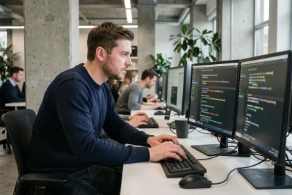 Développeur web configurant des redirections 301 sur un double écran dans un bureau moderne