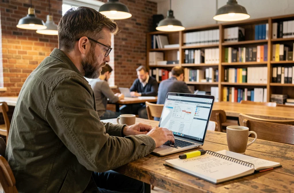 Développeur SIG travaillant sur la documentation d'un MCD dans un espace de coworking avec un laptop, un carnet technique annoté et un café