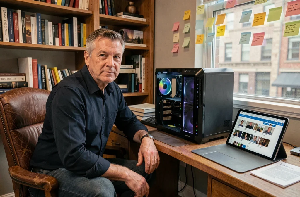 Homme développeur web optimisant des images pour améliorer la vitesse de chargement et le référencement naturel depuis son bureau à domicile