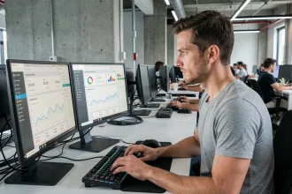 Développeur web analysant les métriques de vitesse de chargement d'un site web sur des écrans de bureau