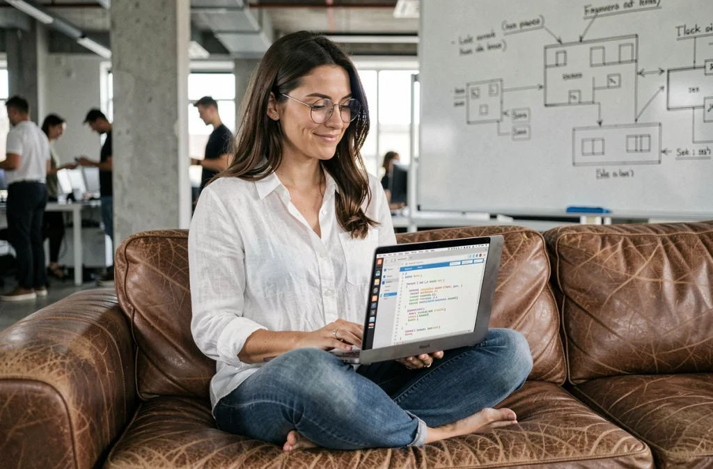 Développeuse Python travaillant sur l'architecture d'un module propre depuis un espace de coworking moderne
