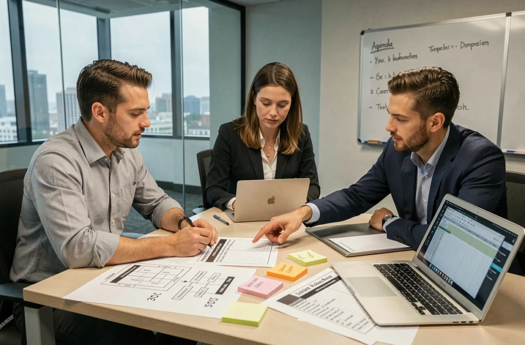 Équipe de professionnels en cybersécurité collaborant sur la transformation du modèle SEC en règles opérationnelles lors d'une réunion d'entreprise