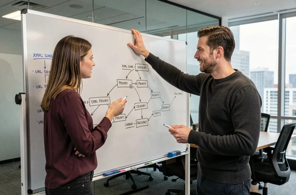 Deux professionnels du SEO collaborant devant un tableau blanc avec la structure d'un sitemap XML dessinée