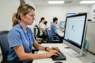 Soignante face à une erreur de connexion sur le webmail Zimbra dans un bureau hospitalier