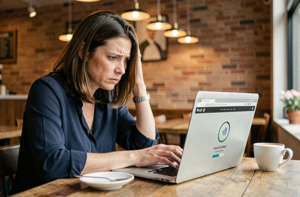 Femme frustrée par un site web lent sur son ordinateur portable dans un café, mauvaise expérience utilisateur