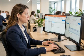 Femme professionnelle configurant l'automatisation d'envoi de courriels récurrents sur Outlook dans un bureau moderne
