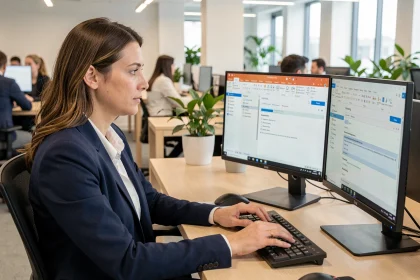 Femme professionnelle configurant l'automatisation d'envoi de courriels récurrents sur Outlook dans un bureau moderne